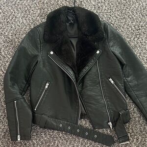 Forever 21 Green Faux Leather Moto Jacket with Faux Fur Trim